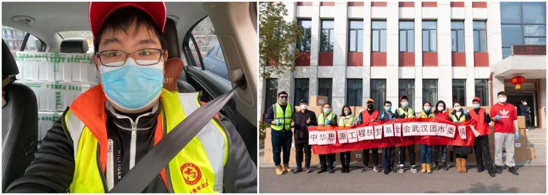 左圖：10輛轎車后座和后備箱堆滿了菜，出發(fā)送給社區(qū)；右圖：各位志愿者協(xié)助接收消毒防護(hù)物資